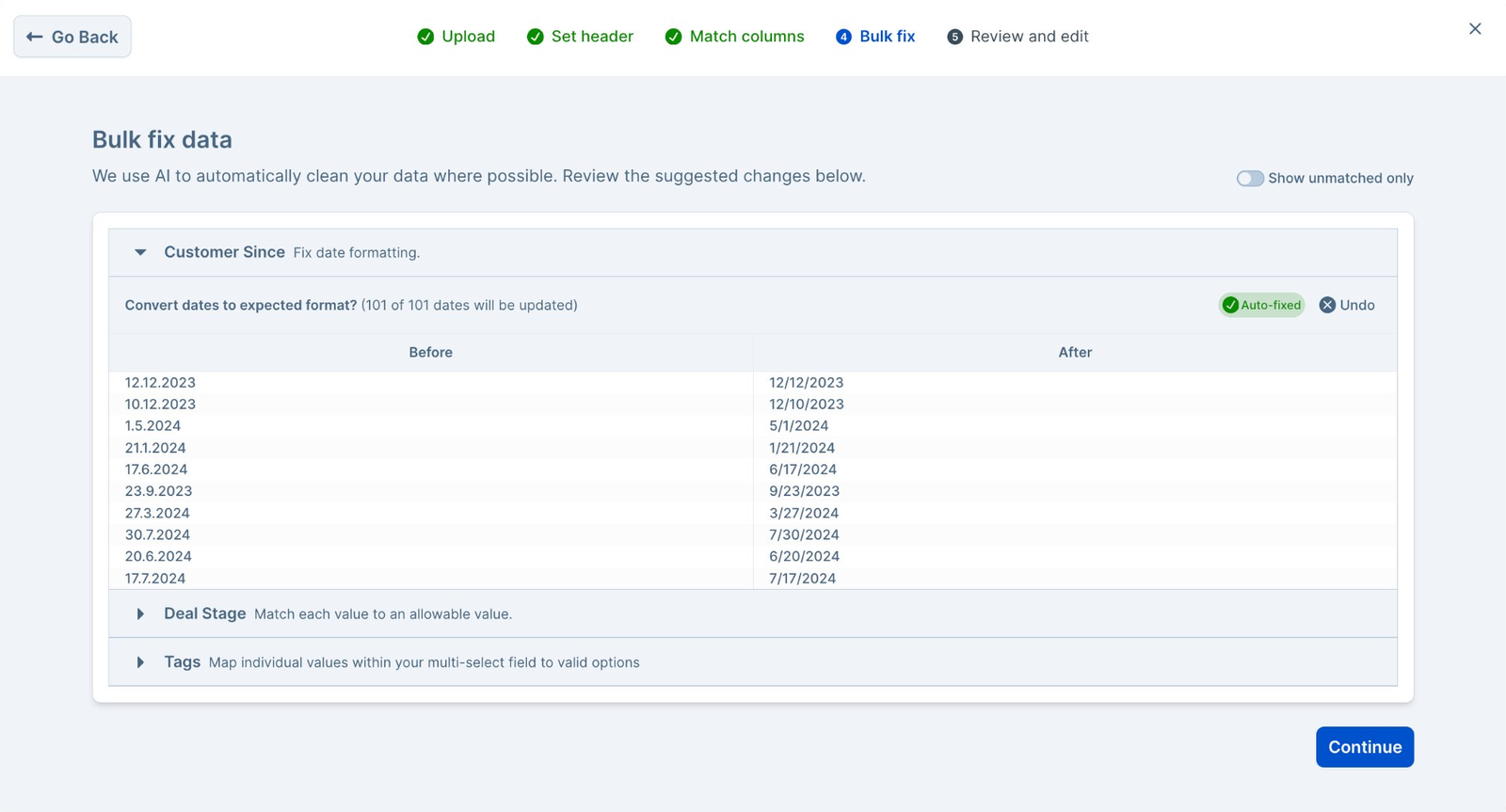 Dromo bulk fix converting 101 dates to the expected format with before and after values
