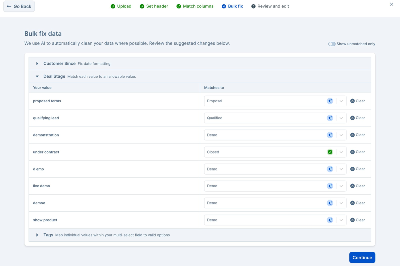 Dromo AI matching free-text deal stage values to a list of allowed options