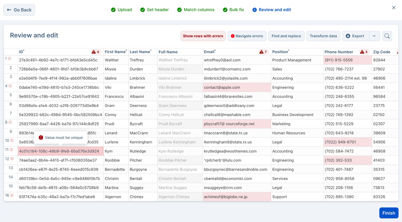 Dromo review grid with invalid emails, phone numbers, and duplicate IDs highlighted inline