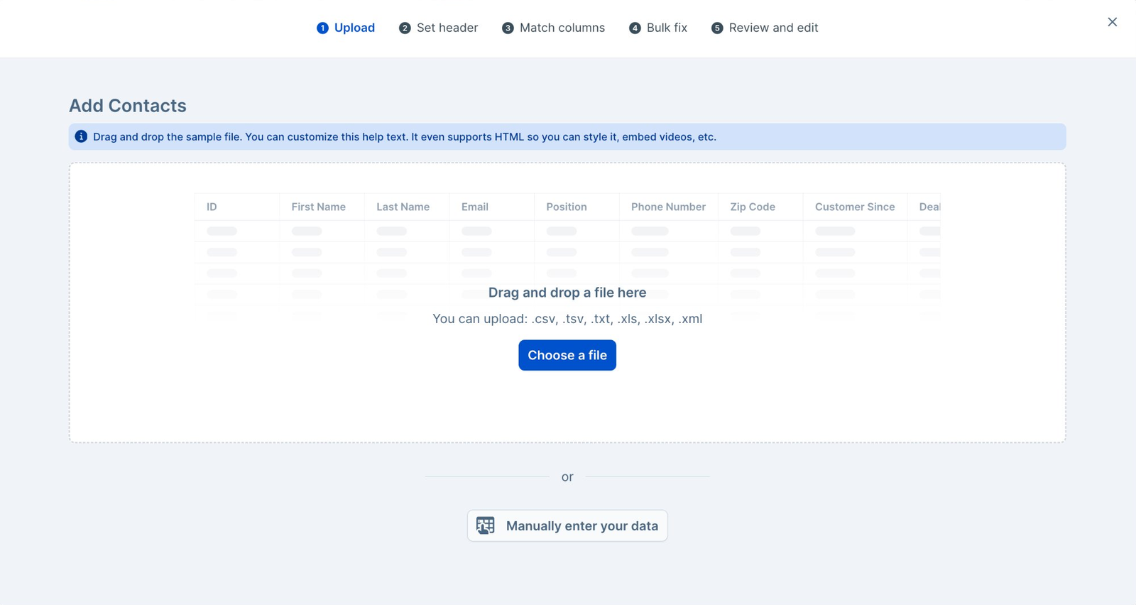 Dromo embedded CSV importer upload step with drag-and-drop and manual data entry